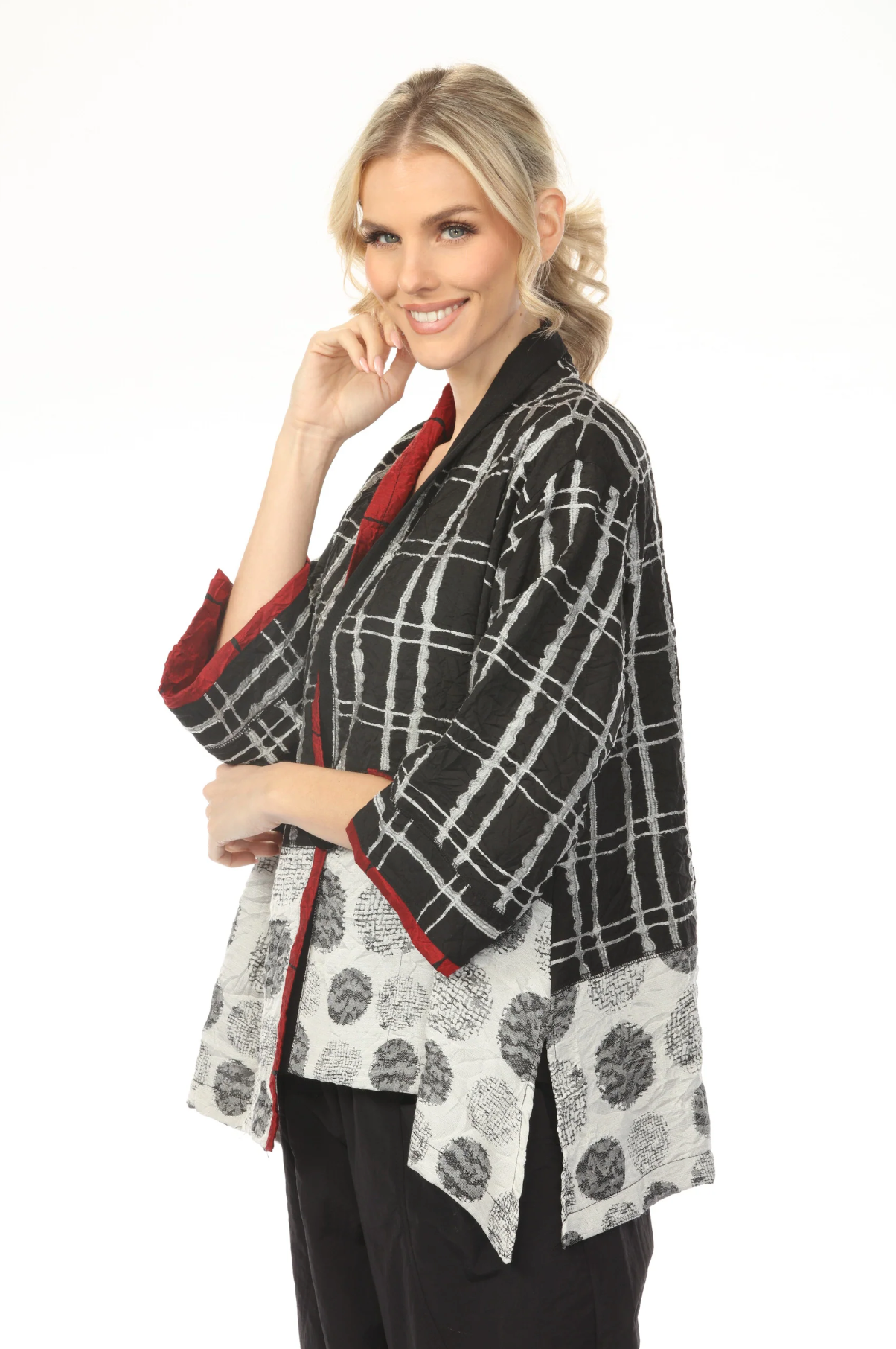 MOONLIGHT One Button Closure Grid & Dot Print Top - 4258