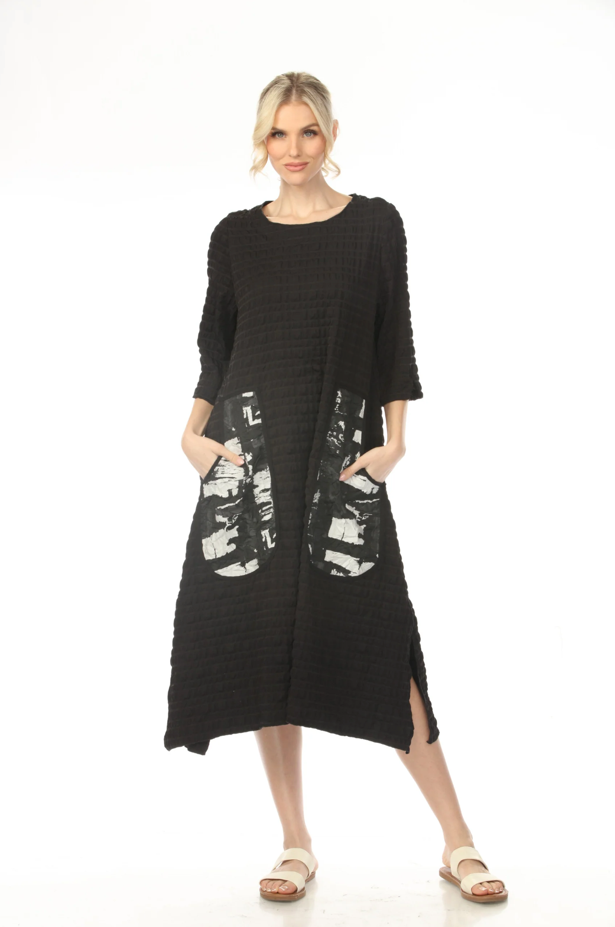 MOONLIGHT Black Textured Mixed Media Pocket Dress - D4237