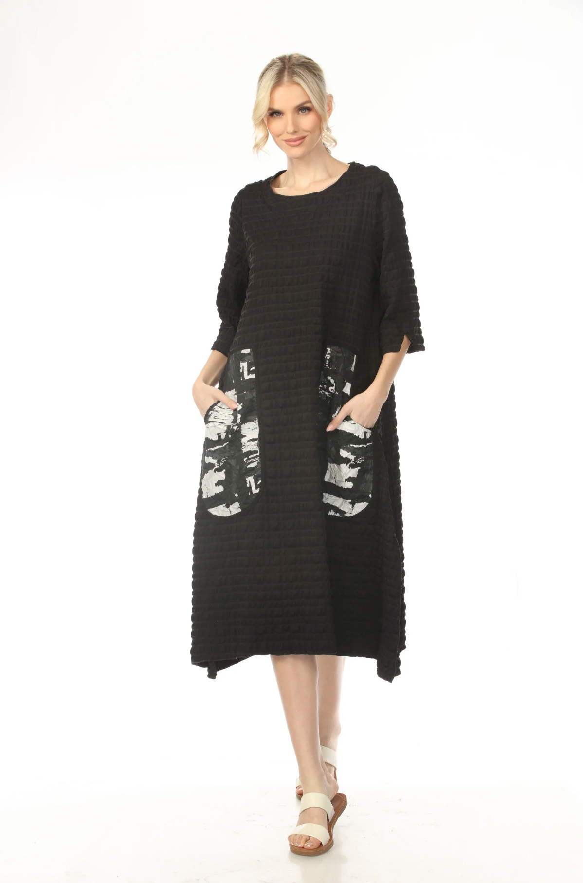 MOONLIGHT Black Textured Mixed Media Pocket Dress - D4237