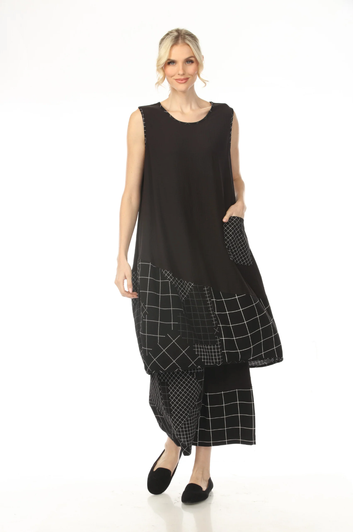 MOONLIGHT Black Alternating Grid Print Mixed Media Dress - D4215