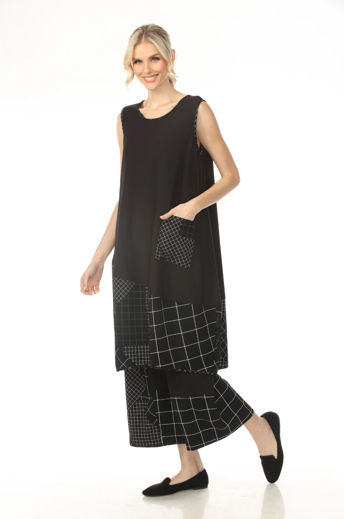 MOONLIGHT Black Alternating Grid Print Mixed Media Dress - D4215