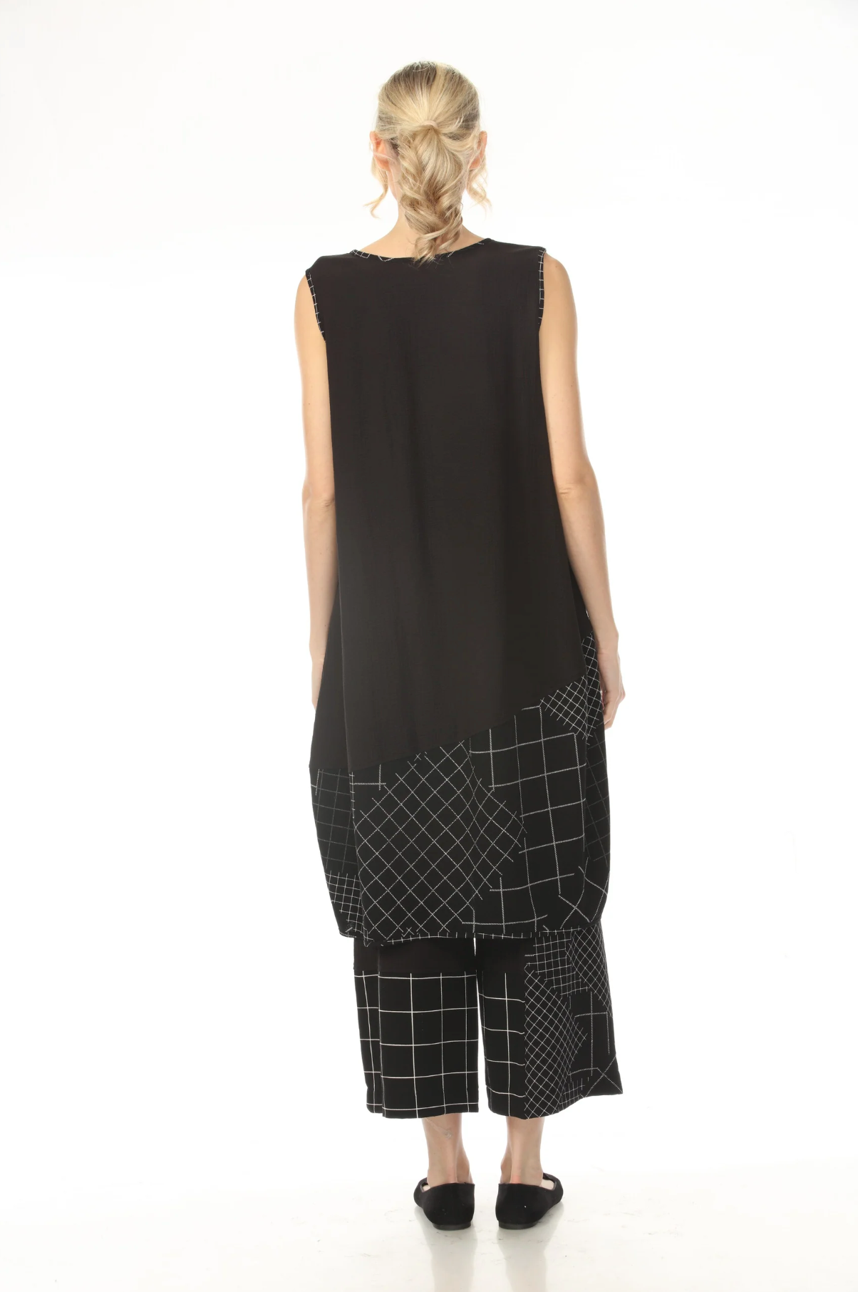 MOONLIGHT Black Alternating Grid Print Mixed Media Dress - D4215