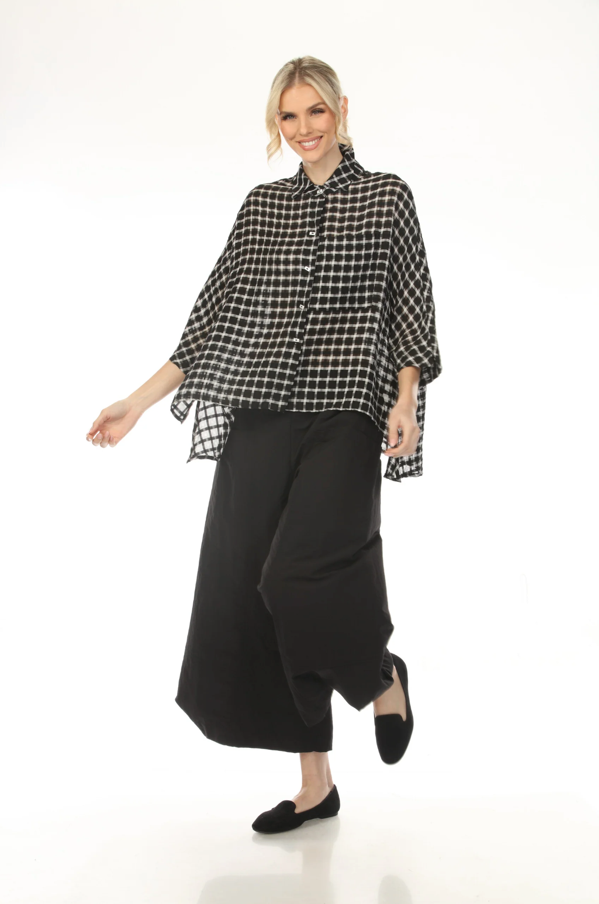 MOONLIGHT High Neck Button Down Grid Print Top - 4234