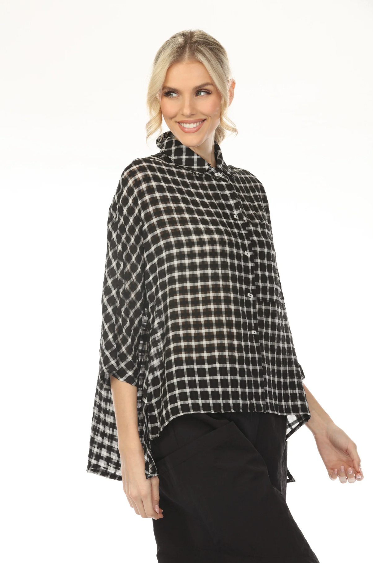 MOONLIGHT High Neck Button Down Grid Print Top - 4234