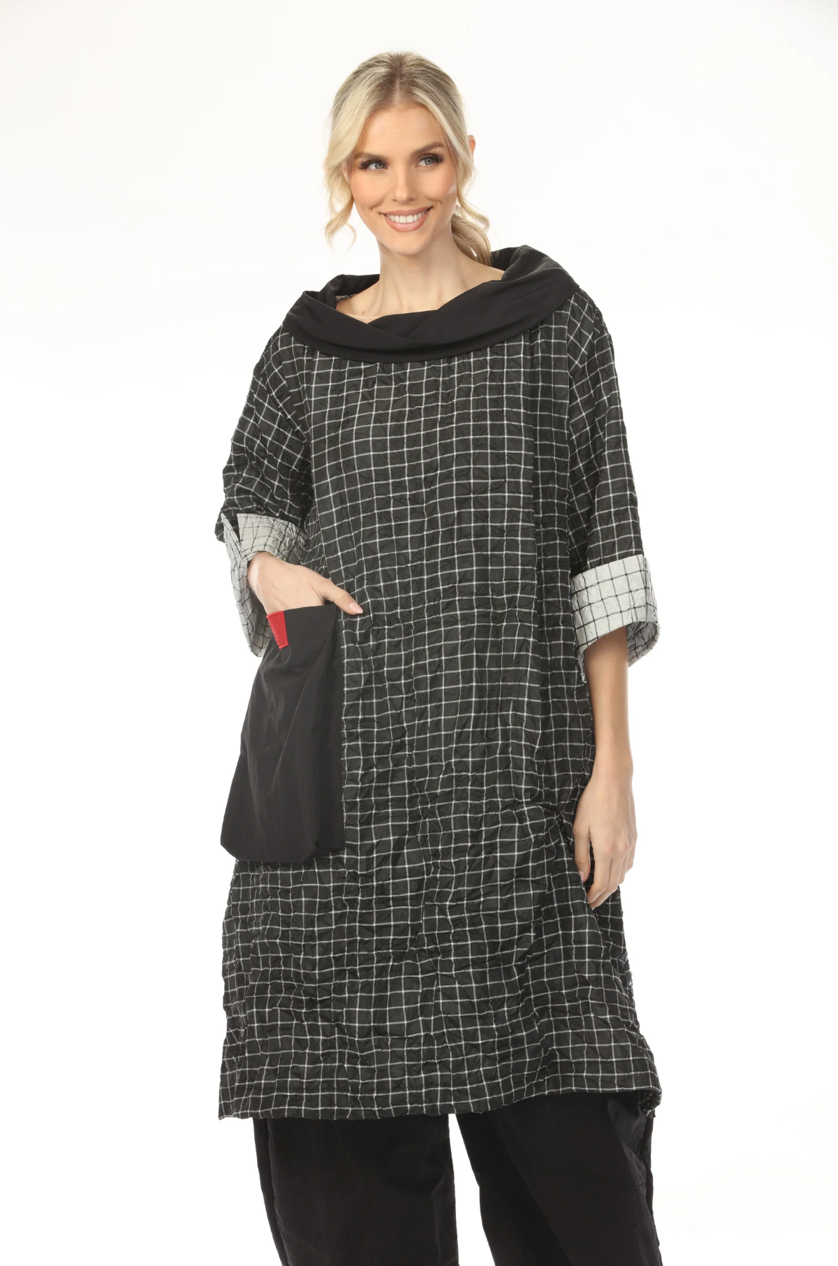 MOONLIGHT Relaxed Neck Grid Print Pocket Dress - D4232