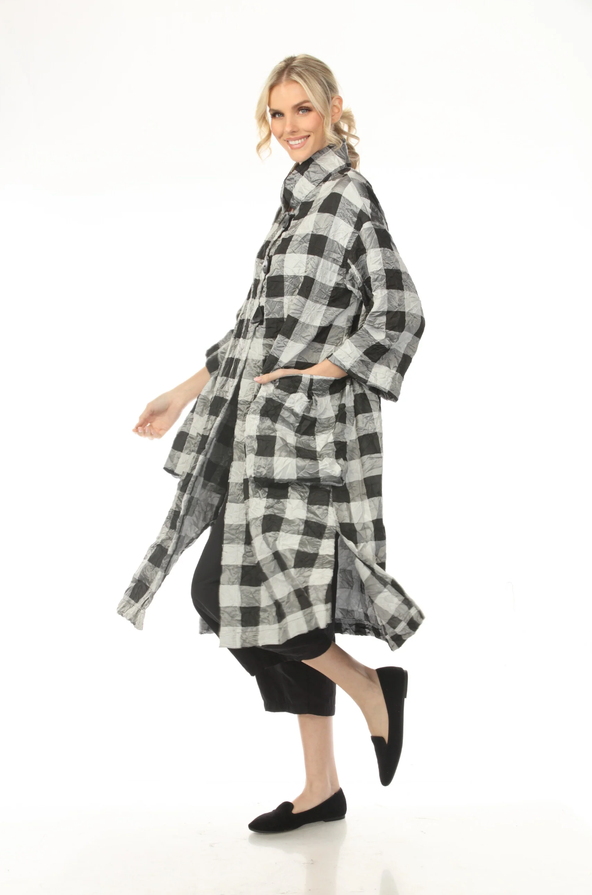 MOONLIGHT Button Down Black & Gray Gingham Print Long Jacket - 4247