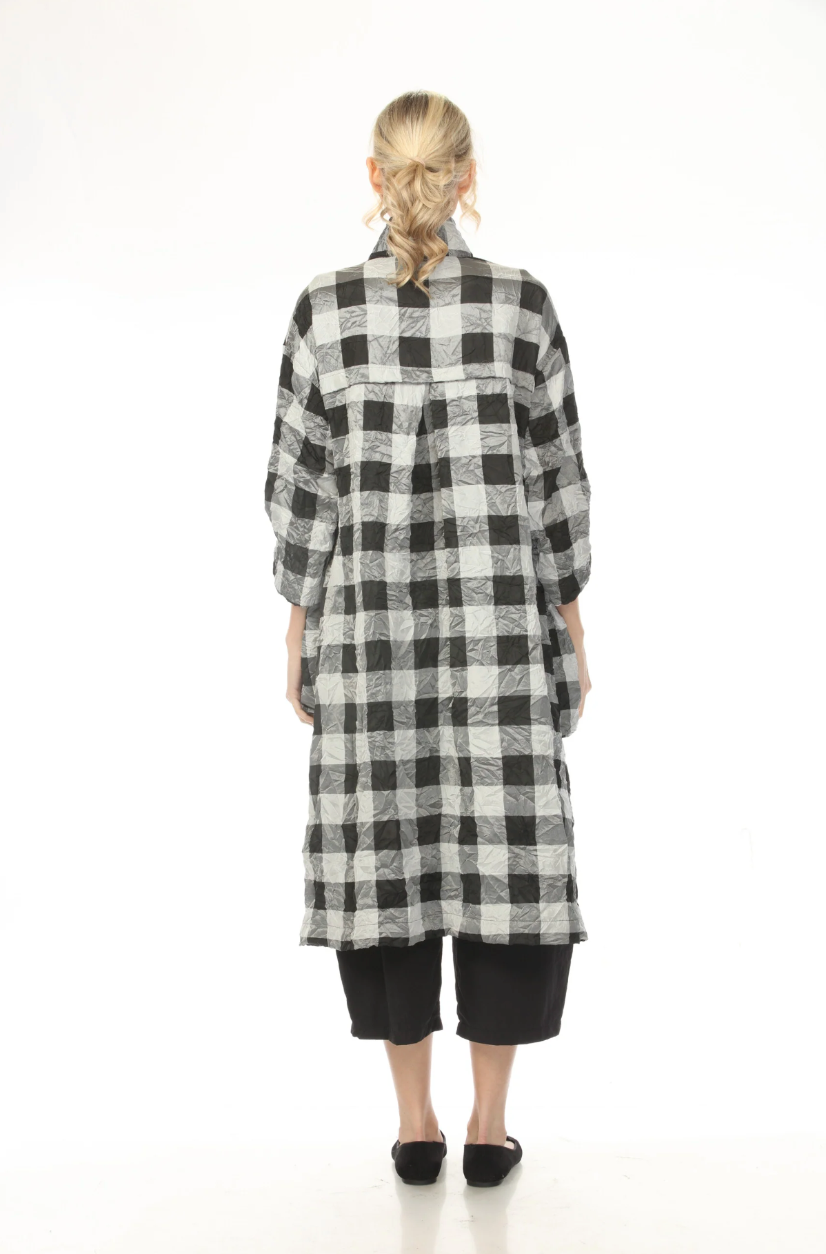MOONLIGHT Button Down Black & Gray Gingham Print Long Jacket - 4247
