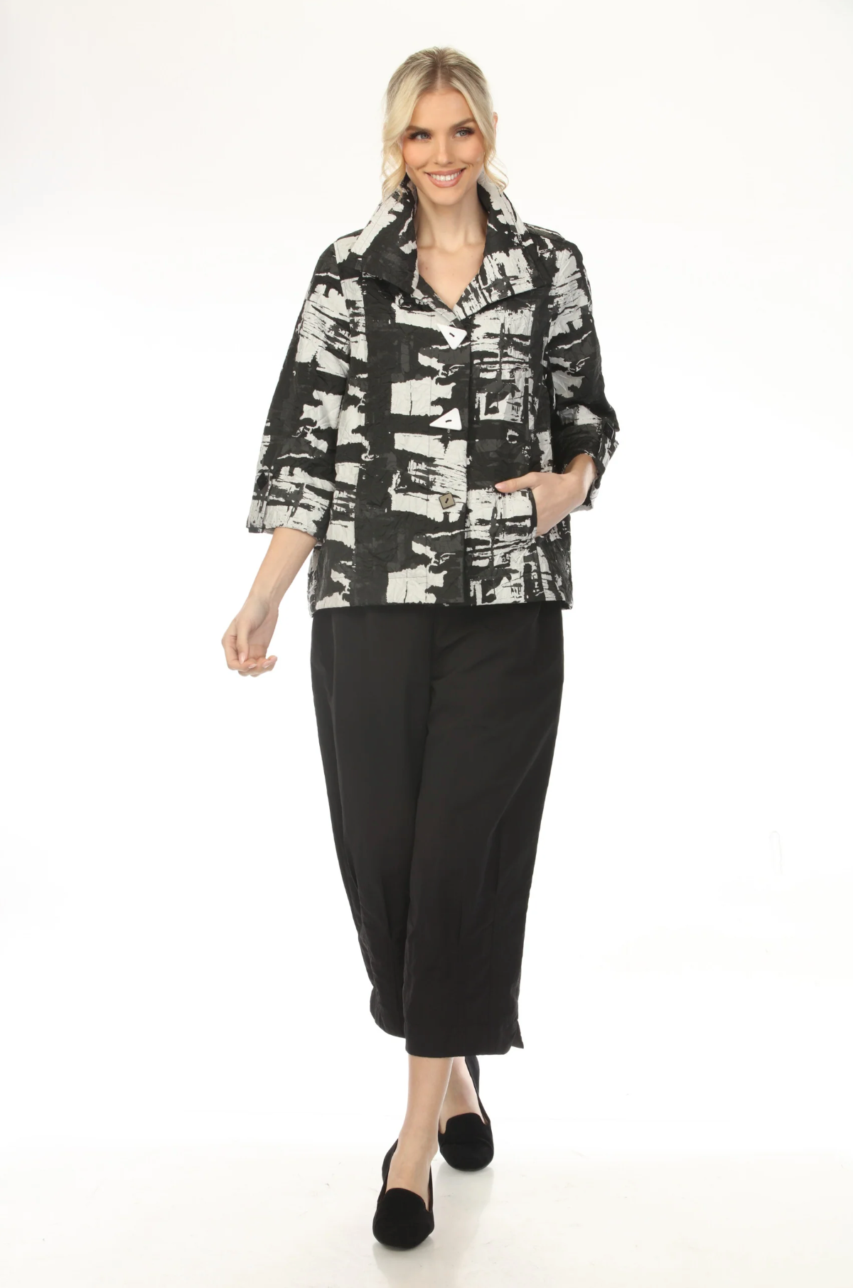 MOONLIGHT Button Down Black & White Graphic Print Jacket - 4231