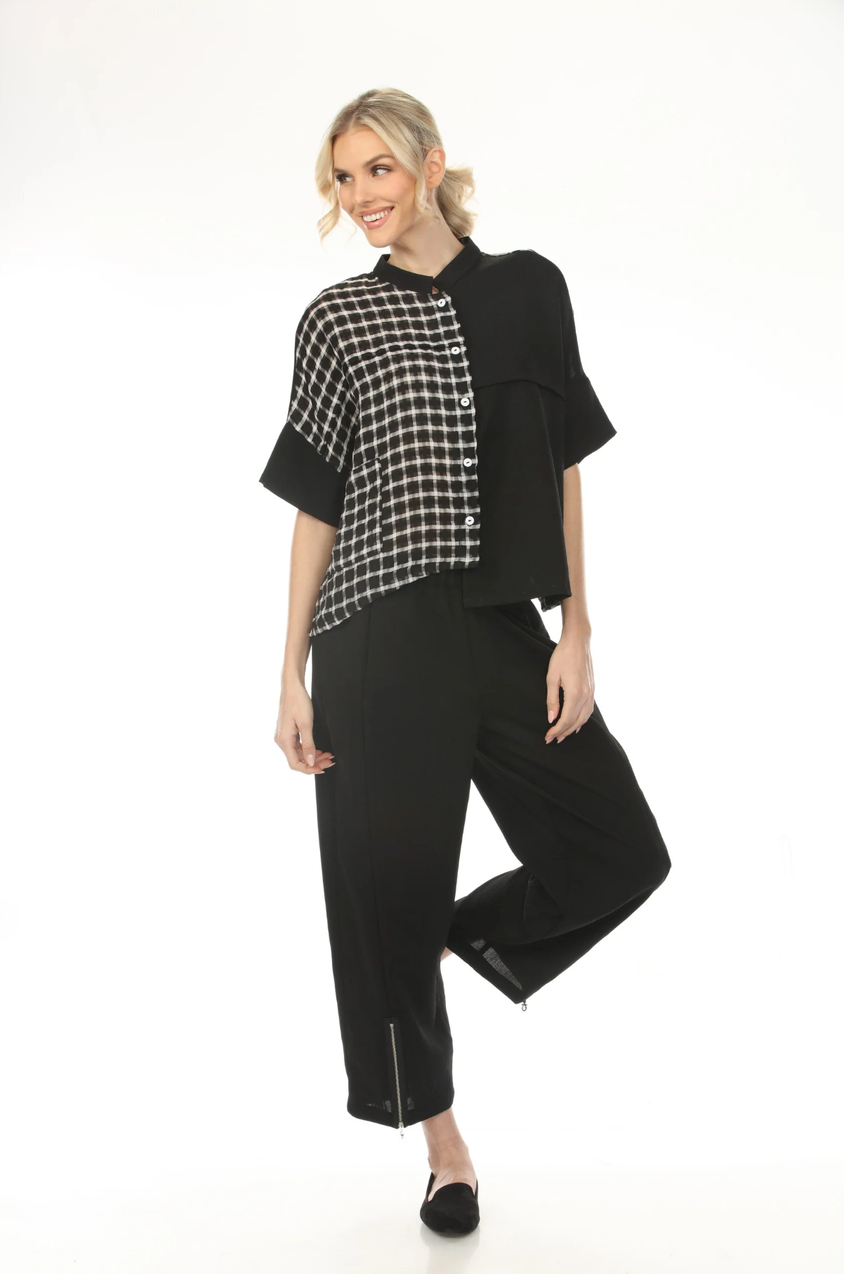 MOONLIGHT High Neck Split Solid & Grid Print Top - WJ2037