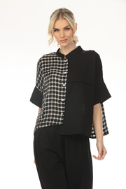 MOONLIGHT High Neck Split Solid & Grid Print Top - WJ2037