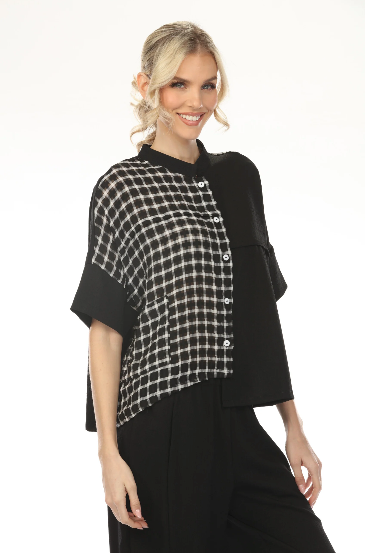MOONLIGHT High Neck Split Solid & Grid Print Top - WJ2037