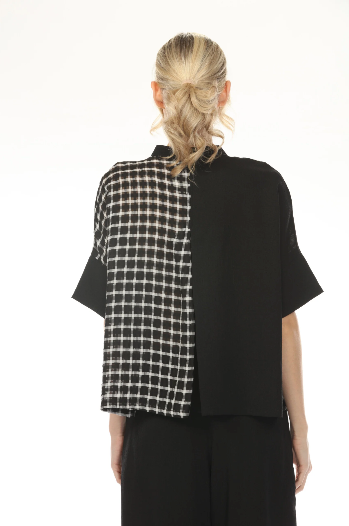 MOONLIGHT High Neck Split Solid & Grid Print Top - WJ2037