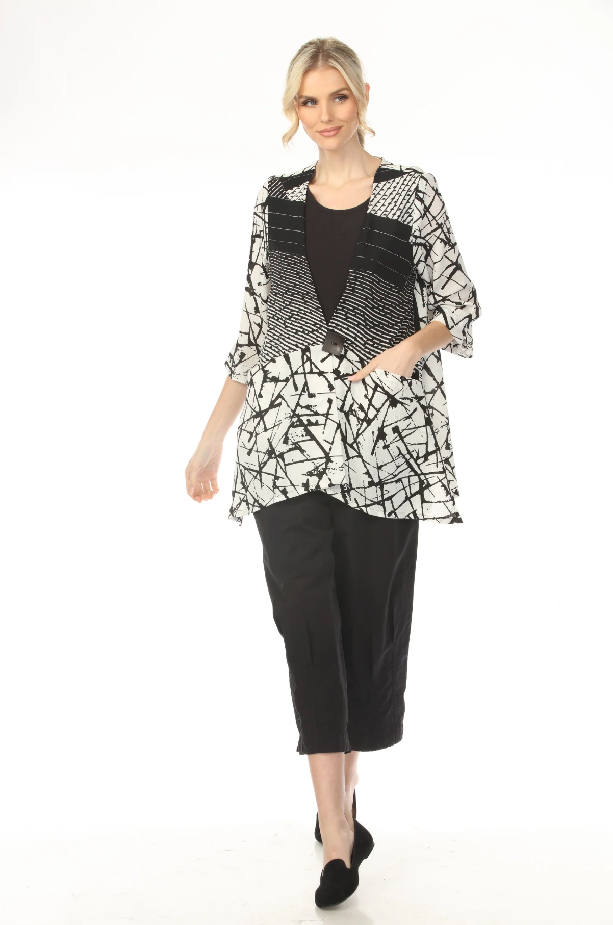 MOONLIGHT One Button Closure Black & White Long Mixed Media Top - WJ2018