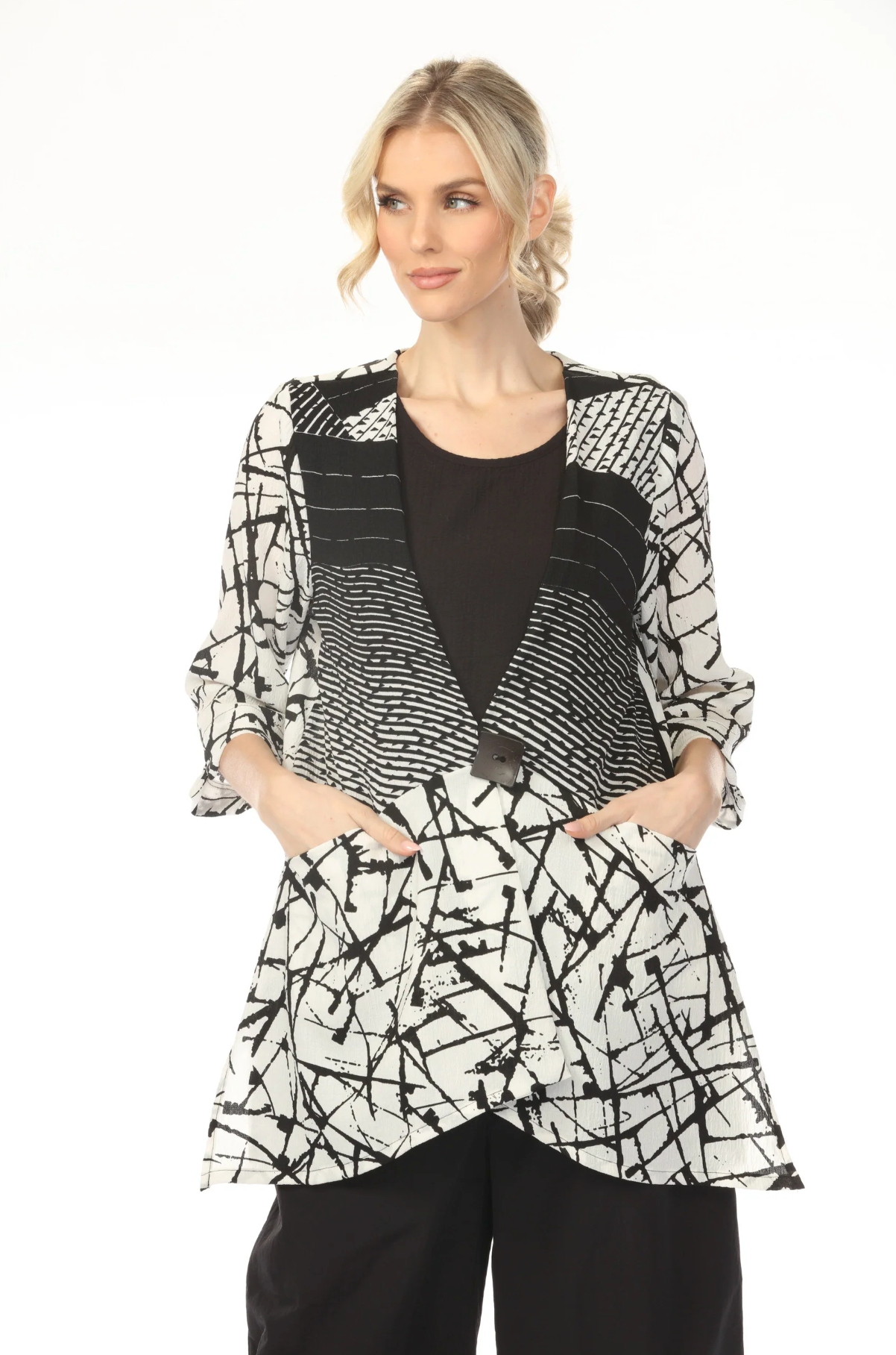 MOONLIGHT One Button Closure Black & White Long Mixed Media Top - WJ2018