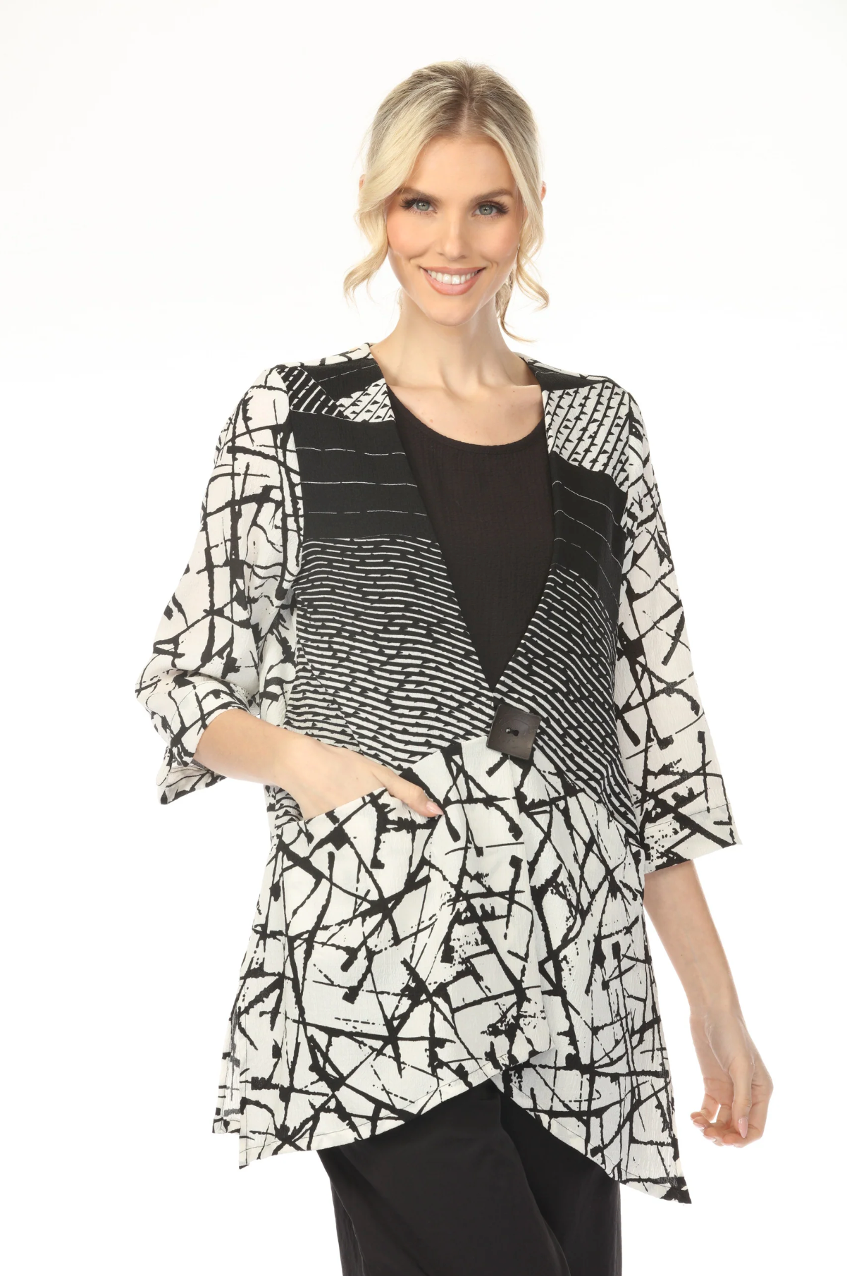 MOONLIGHT One Button Closure Black & White Long Mixed Media Top - WJ2018
