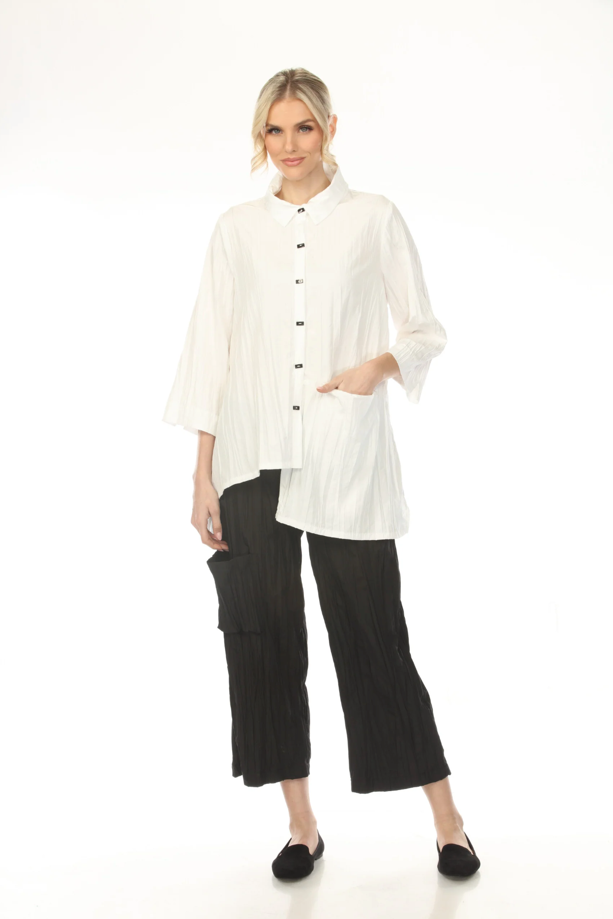 MOONLIGHT High Neck Button Down Solid Asymmetrical Top - WJ2004 - BLACK (NOT WHITE)