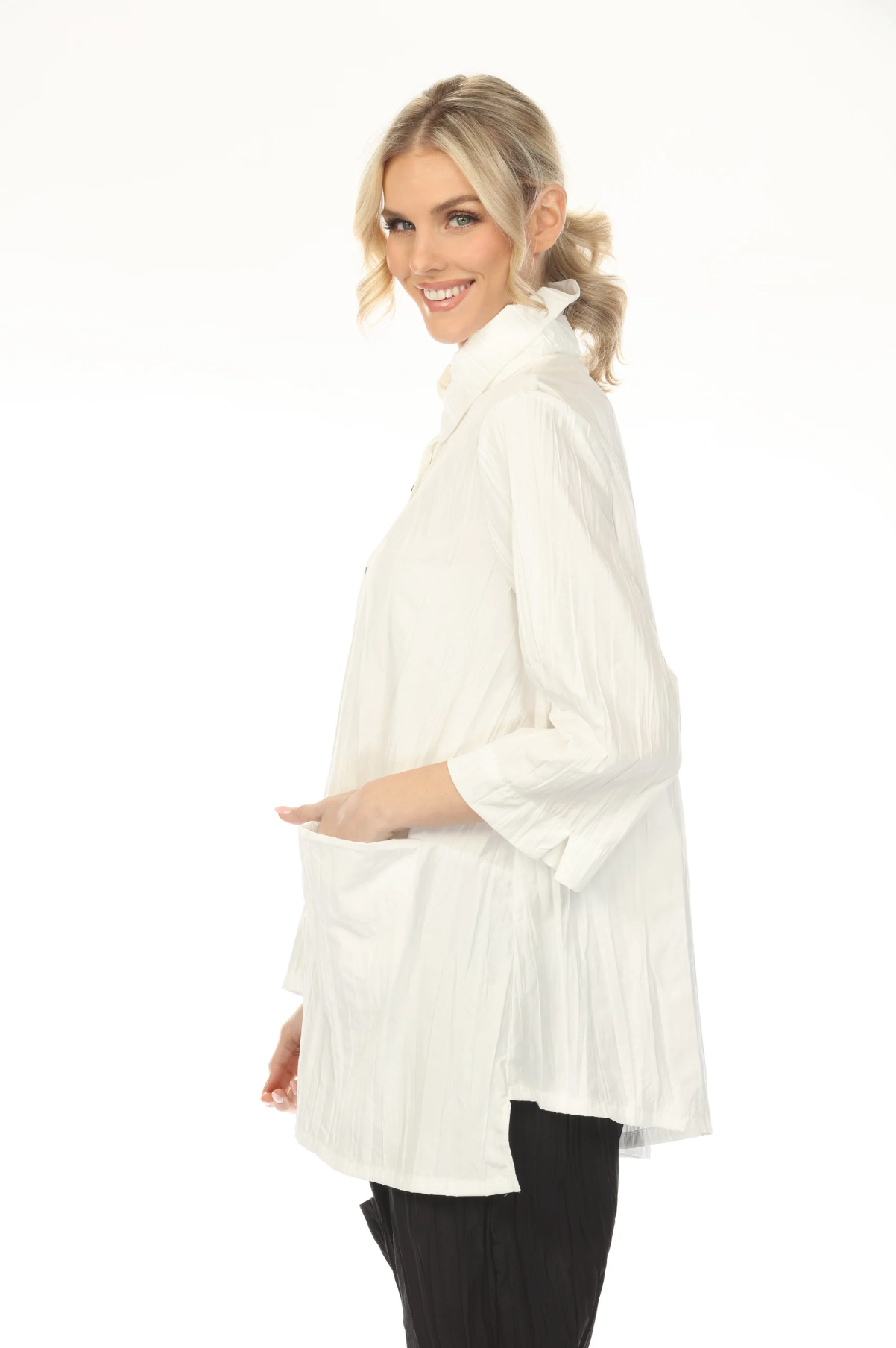 MOONLIGHT High Neck Button Down Solid Asymmetrical Top - WJ2004 - BLACK (NOT WHITE)