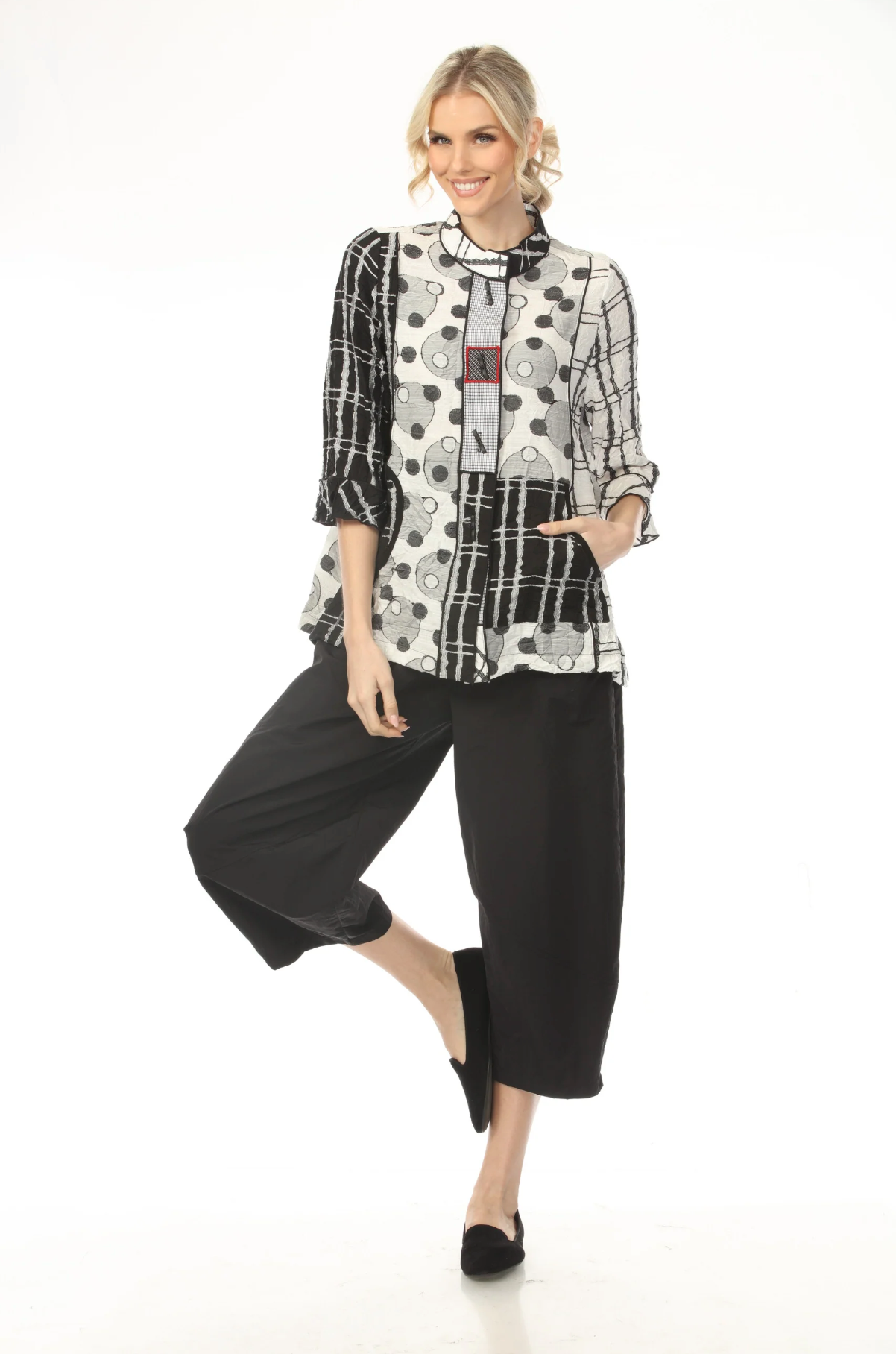 MOONLIGHT High Neck Button Down Mixed Media Top - 4018NEW