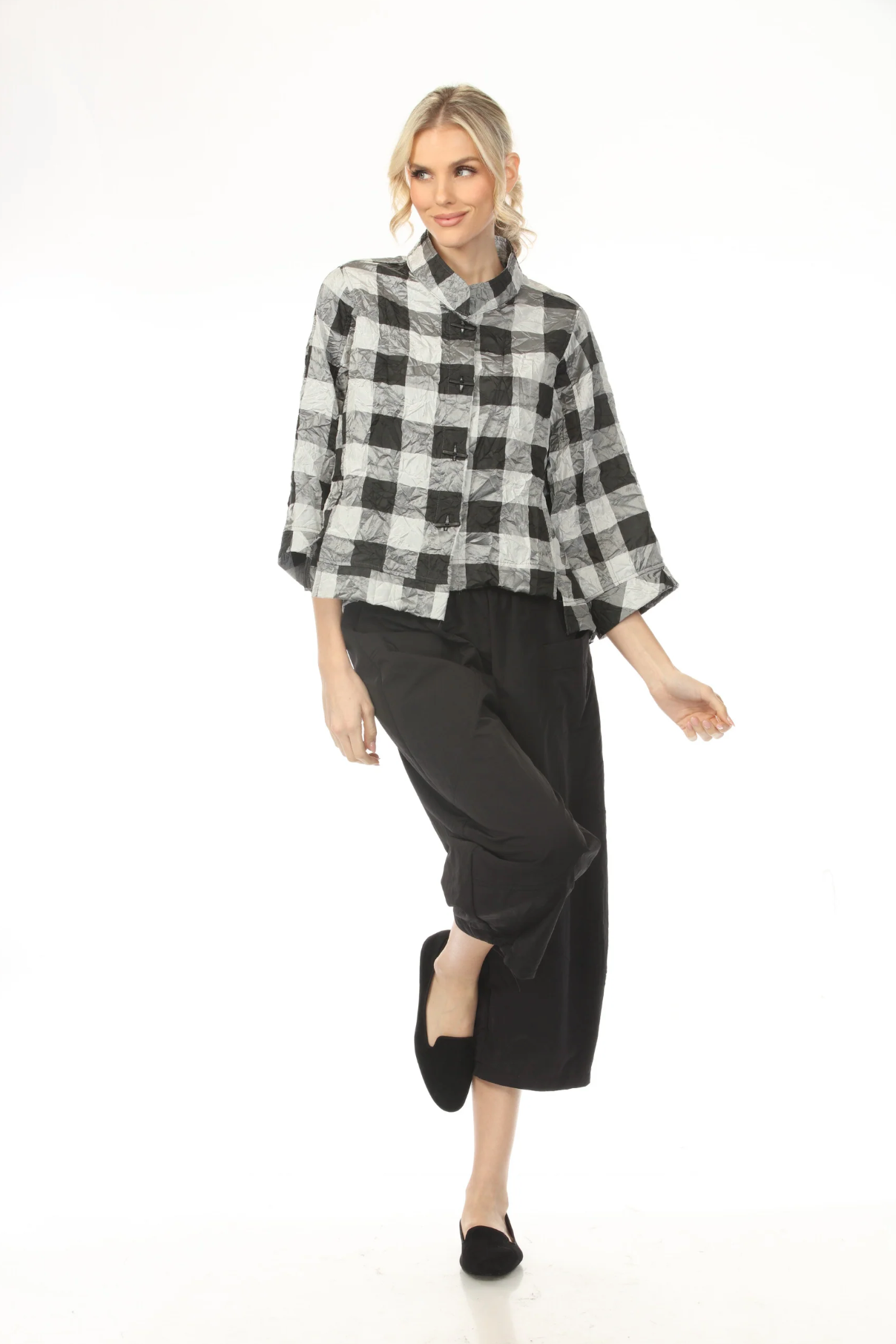 MOONLIGHT High Neck Black & Gray Gingham Print Top - 4246