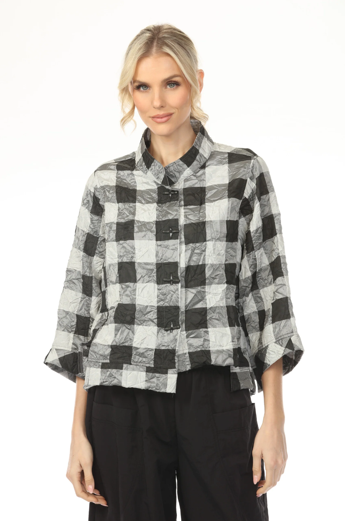 MOONLIGHT High Neck Black & Gray Gingham Print Top - 4246