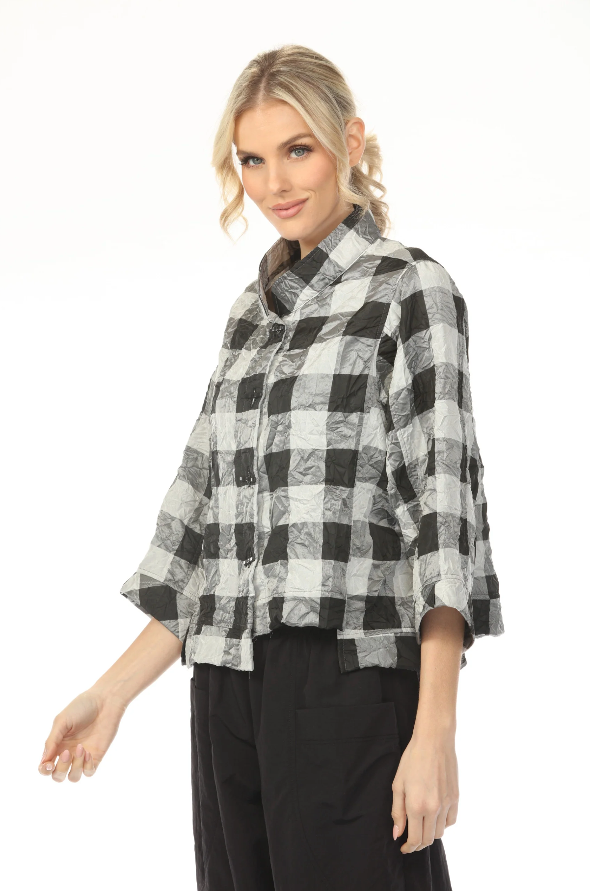 MOONLIGHT High Neck Black & Gray Gingham Print Top - 4246