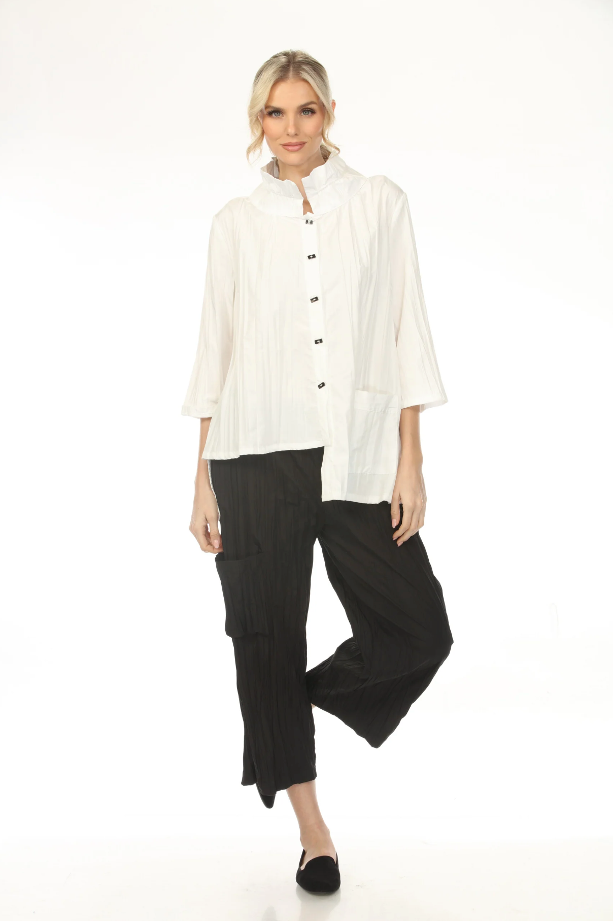 MOONLIGHT Collared Button Down Solid Top - WJ1020 - BLACK (NOT WHITE)