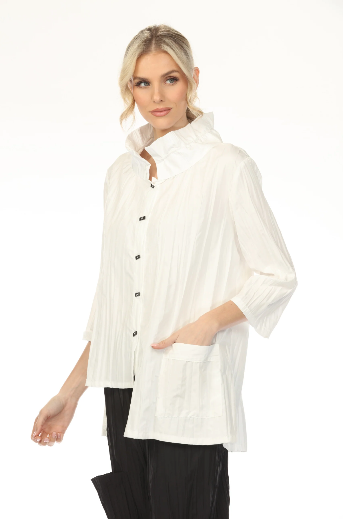 MOONLIGHT Collared Button Down Solid Top - WJ1020 - BLACK (NOT WHITE)