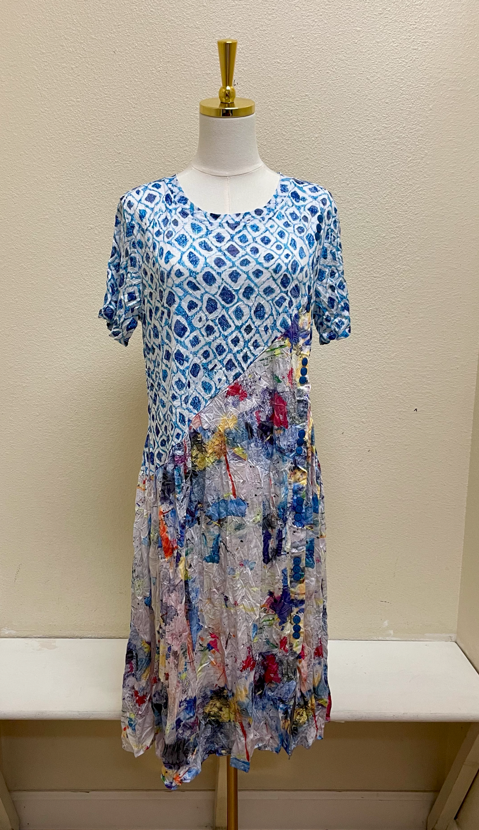 Shana Crinkle Mix Media Button Detail Dress - 26003 - BLUE