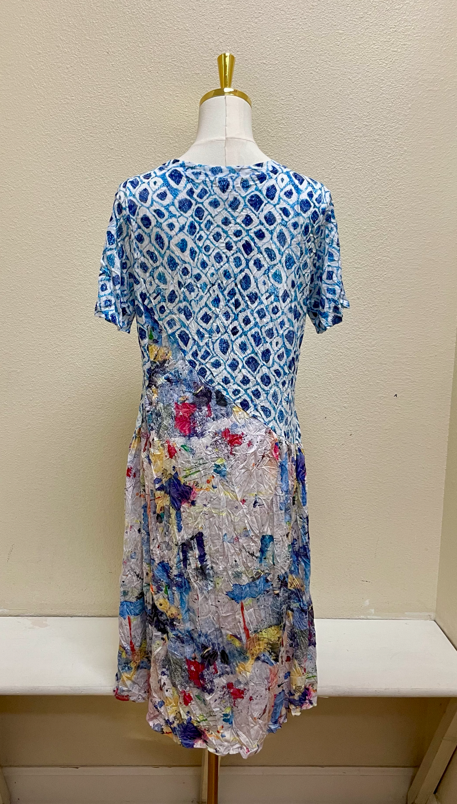 Shana Crinkle Mix Media Button Detail Dress - 26003 - BLUE