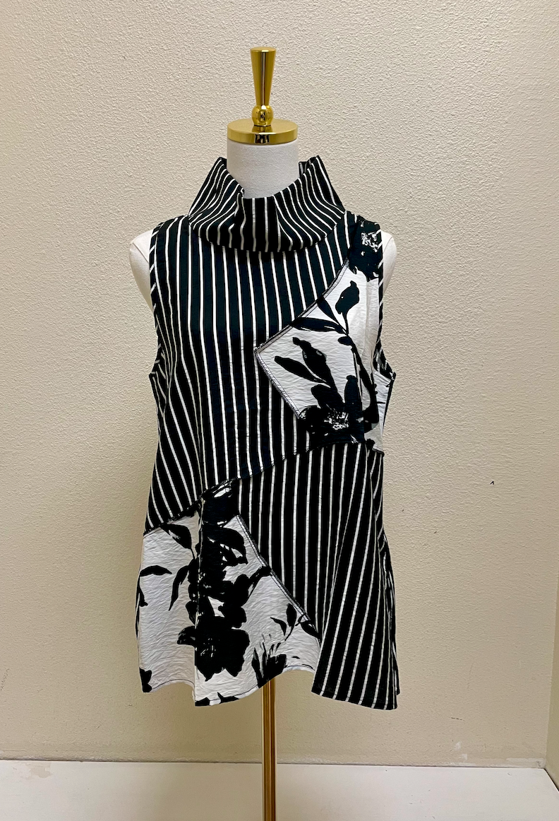 Shana Printed Tank Mock Neck Patch Top - 26303 - BLACK