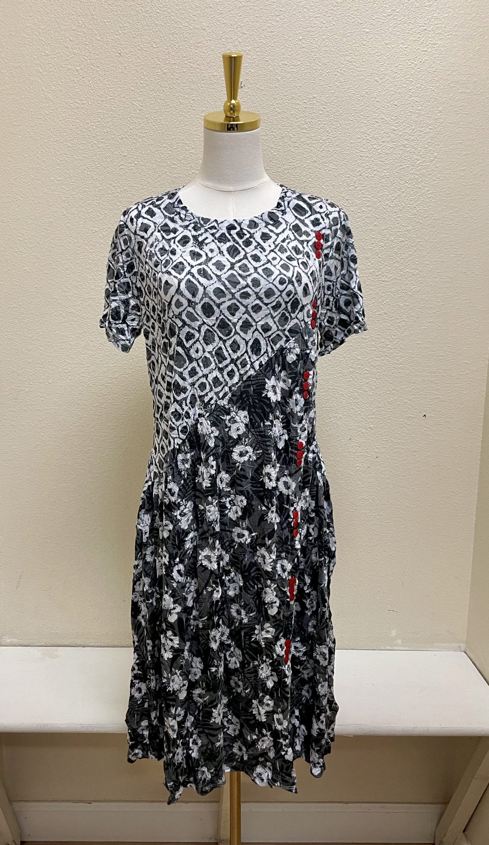 Shana Crinkle Mix Media Button Detail Dress - 26003 - BLACK