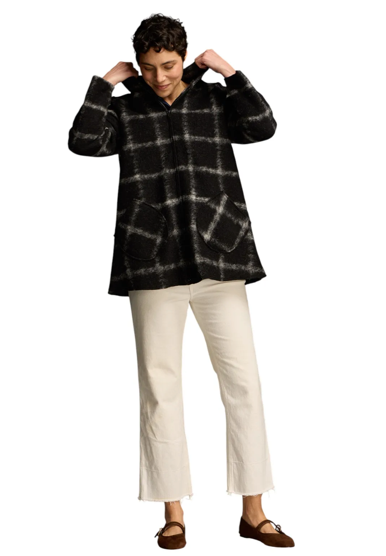 CUT LOOSE Plaid Boiled Wool Hooded Swing Jacket - 3718779