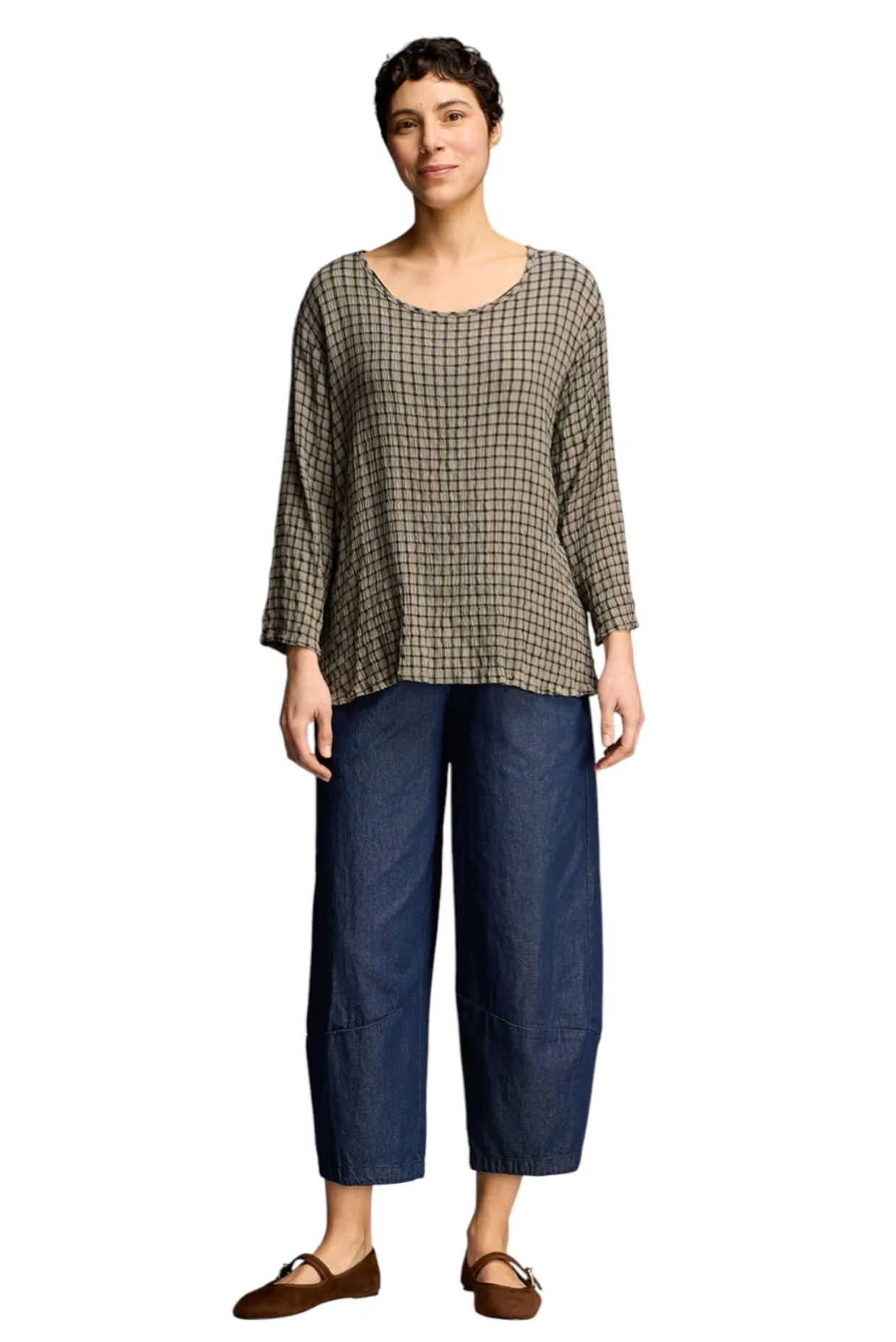 CUT LOOSE B/W Crinkle Plaid 3/4 Sleeve Aline Top - 6827671