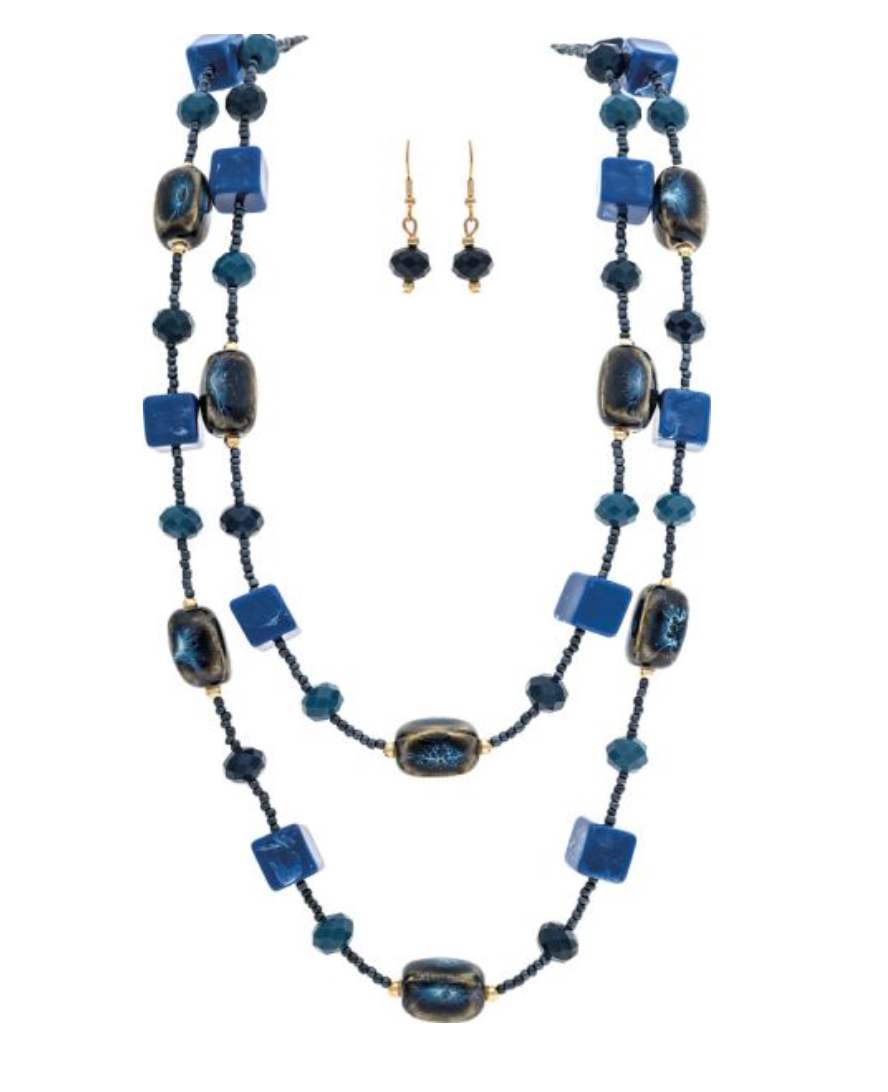 RAIN Gold Blue Ceramic & Acrylic Beads Layer Necklace