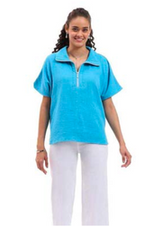 Parsley & Sage SHAWN SHORT SLEEVE ZIPPER TOP - 26T40B2P - OCEAN