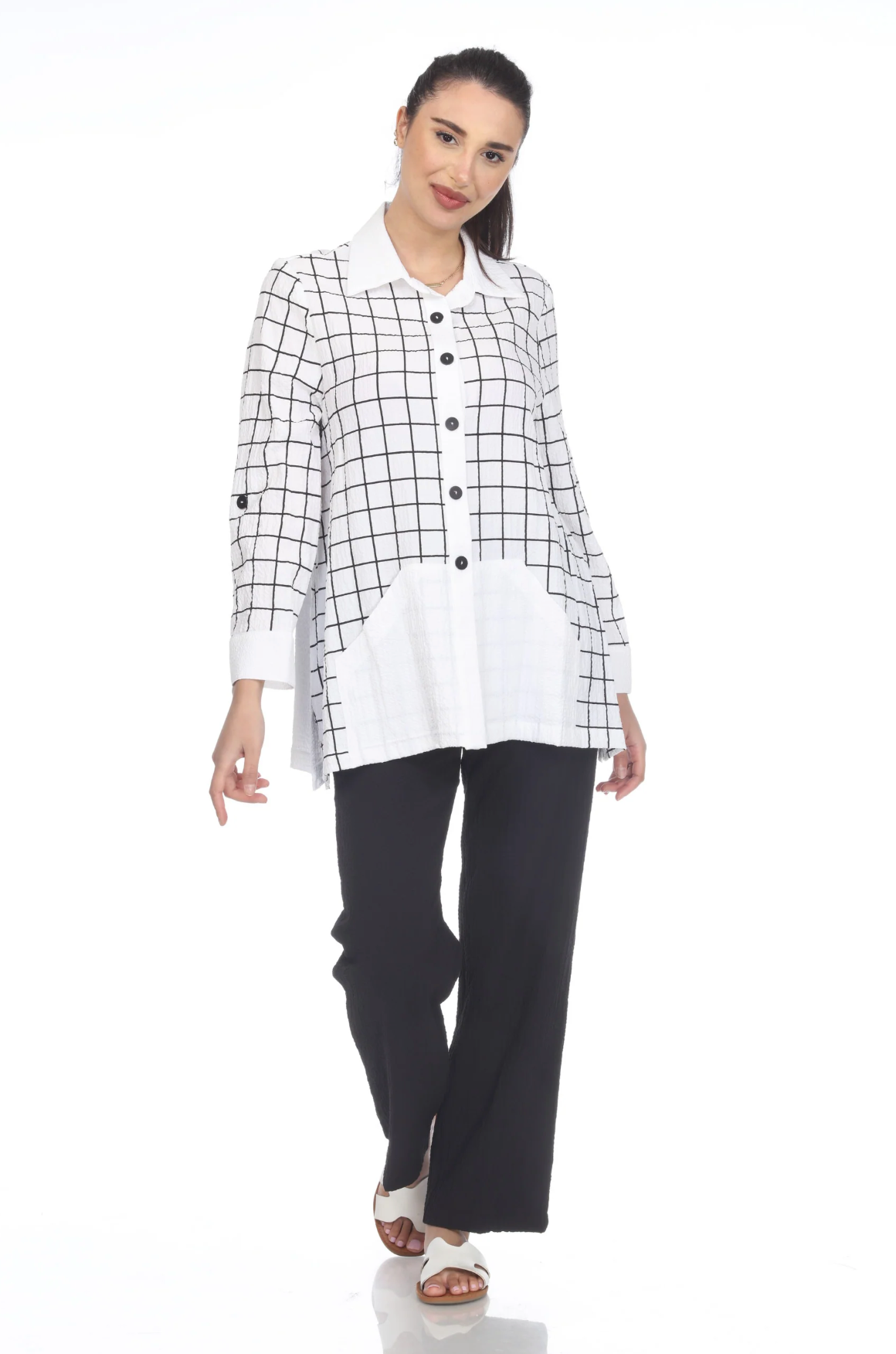 MOONLIGHT Black & White Checkered Button Down Top - 2500