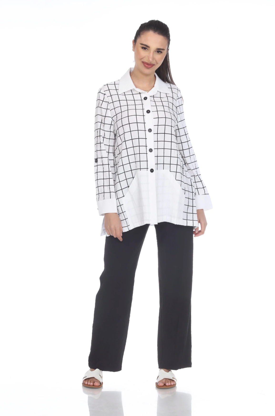 MOONLIGHT Black & White Checkered Button Down Top - 2500