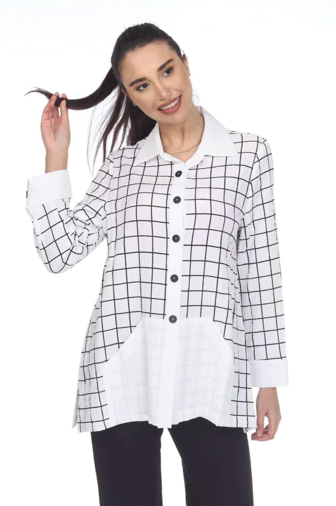 MOONLIGHT Black & White Checkered Button Down Top - 2500