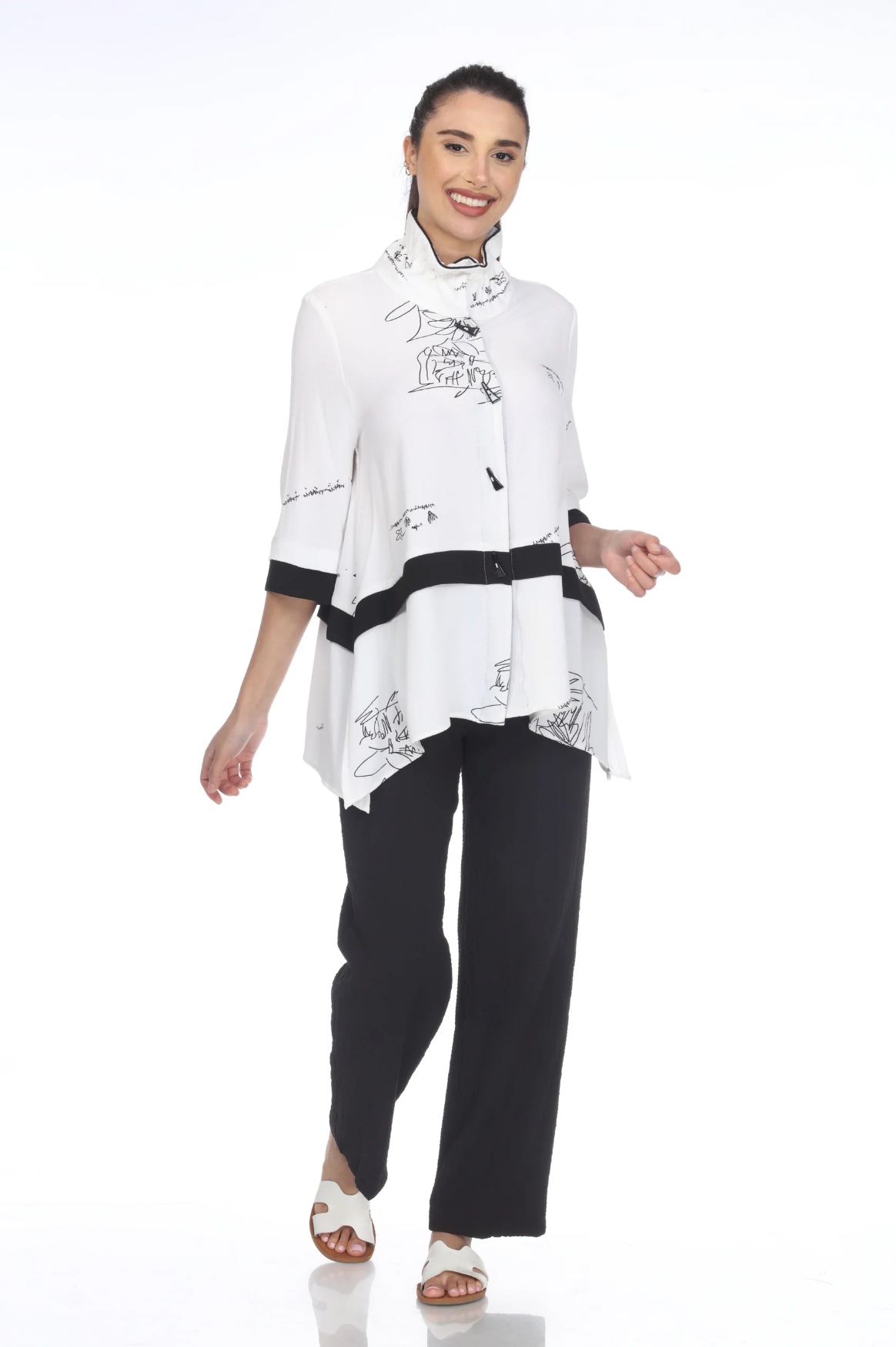 MOONLIGHT White Artsy Print Button Down Top - 3110