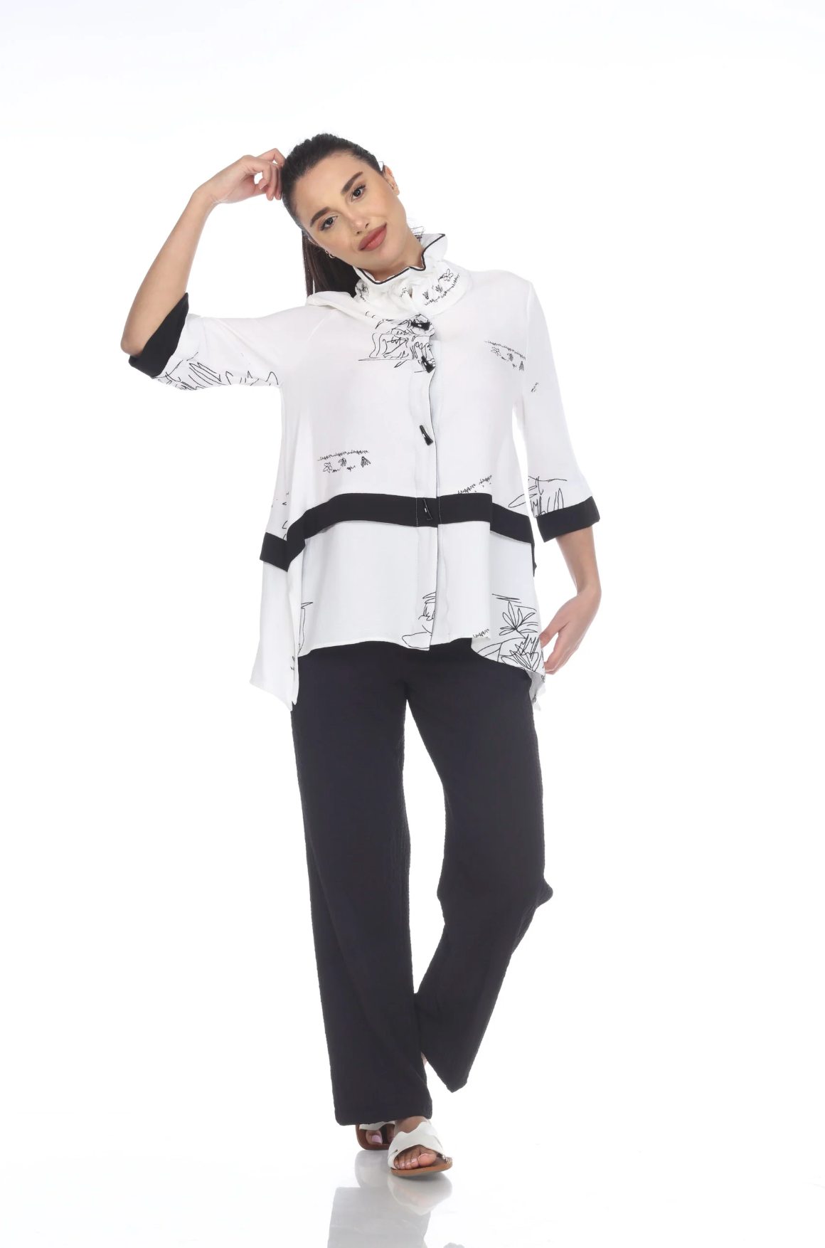 MOONLIGHT White Artsy Print Button Down Top - 3110