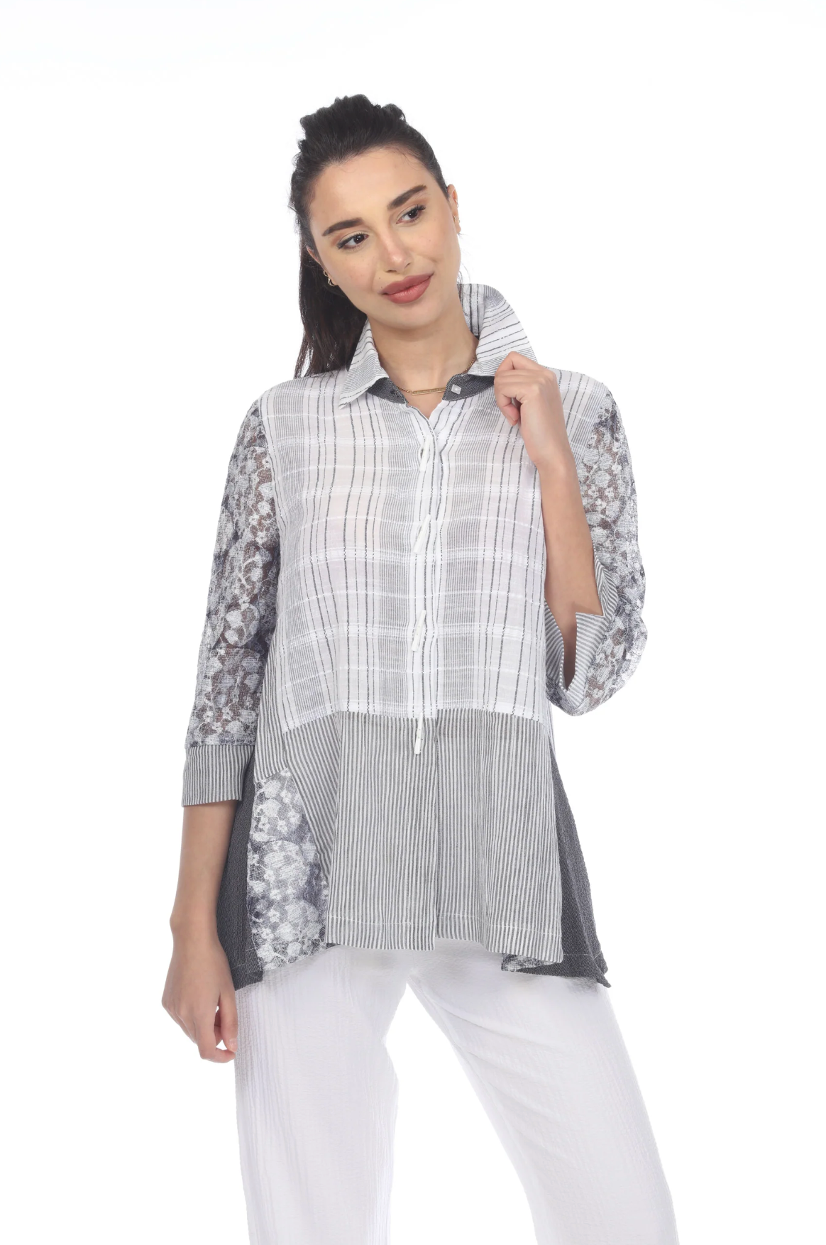 MOONLIGHT Grey Mixed Media Button Down Top - 3268