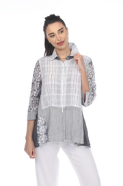 MOONLIGHT Grey Mixed Media Button Down Top - 3268