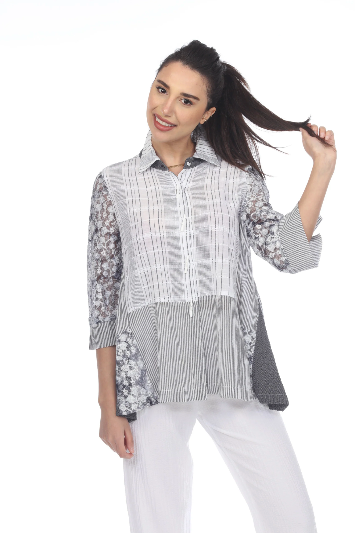 MOONLIGHT Grey Mixed Media Button Down Top - 3268