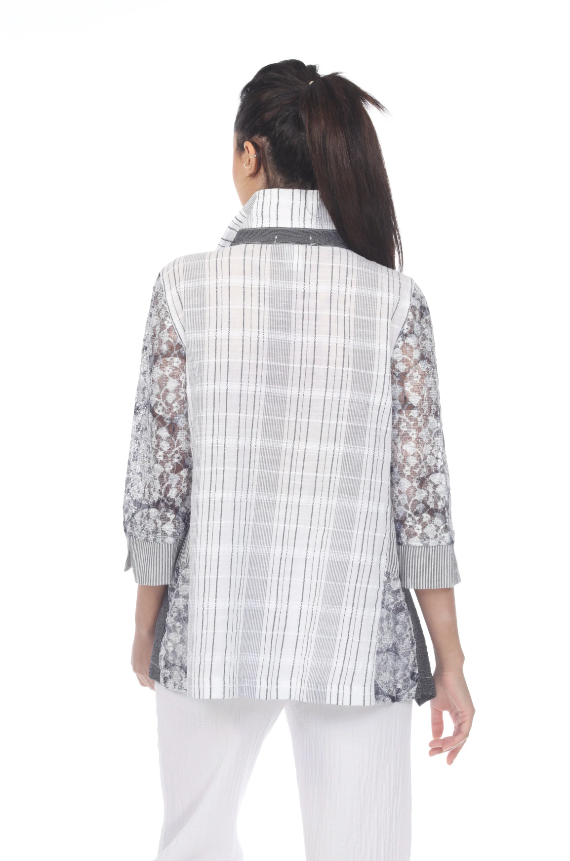 MOONLIGHT Grey Mixed Media Button Down Top - 3268
