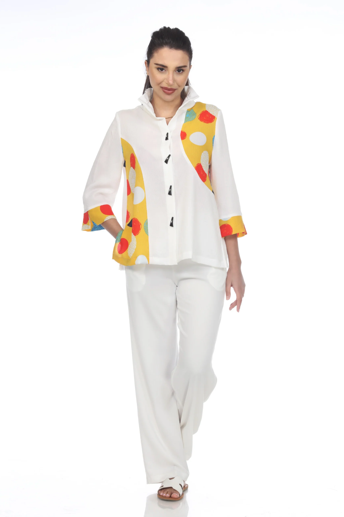 MOONLIGHT White & Accent Color Abstract Button Down Top - 3487