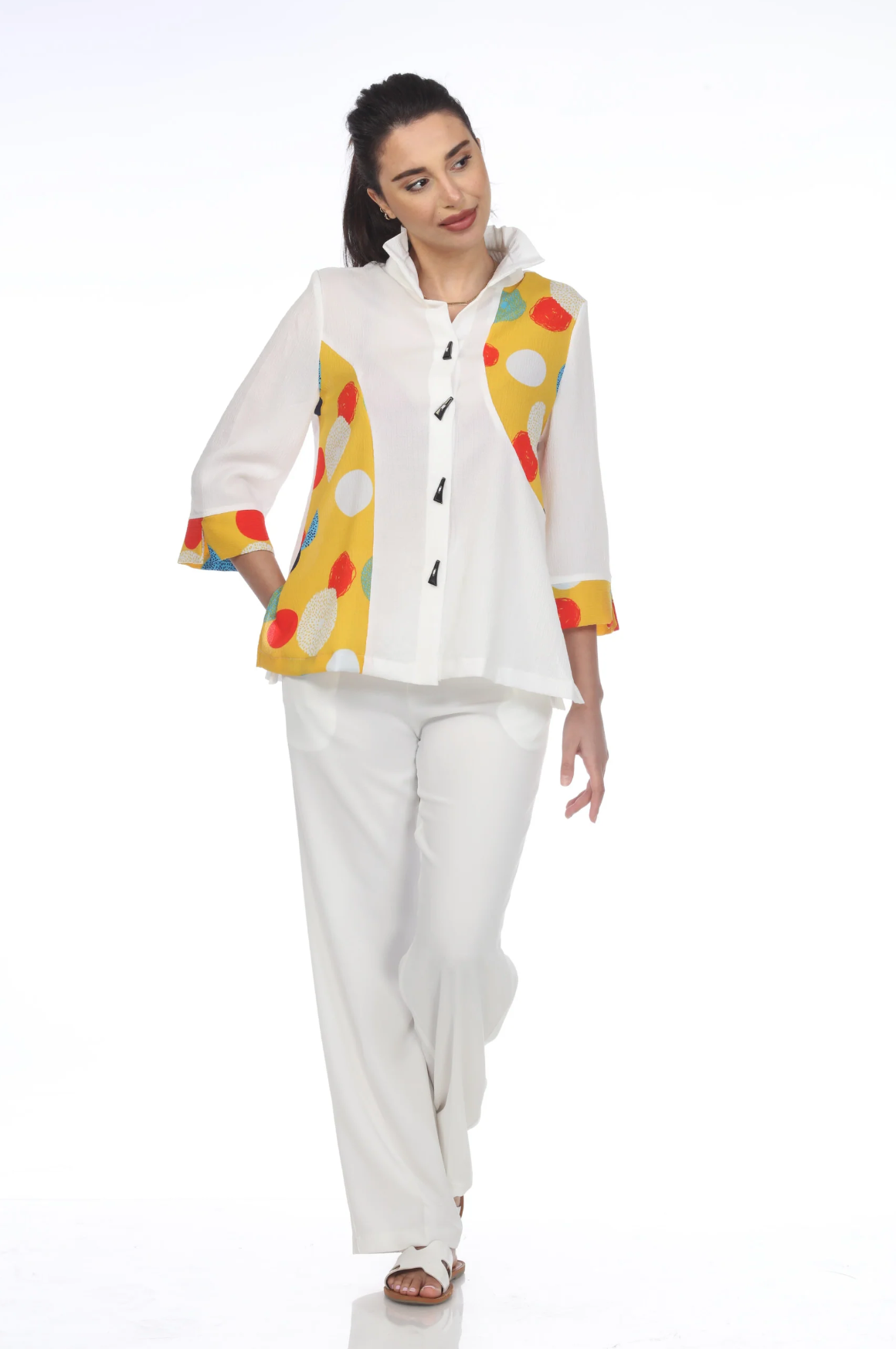 MOONLIGHT White & Accent Color Abstract Button Down Top - 3487