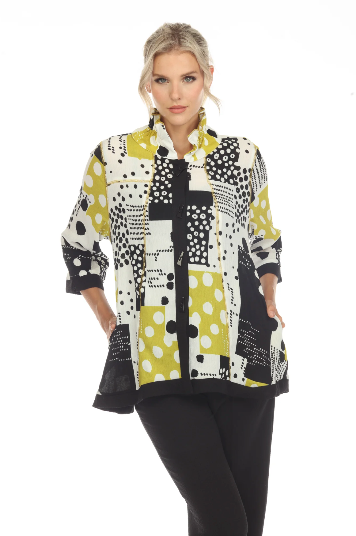 MOONLIGHT Mixed Media Lime Accent Button Down Top - 3497