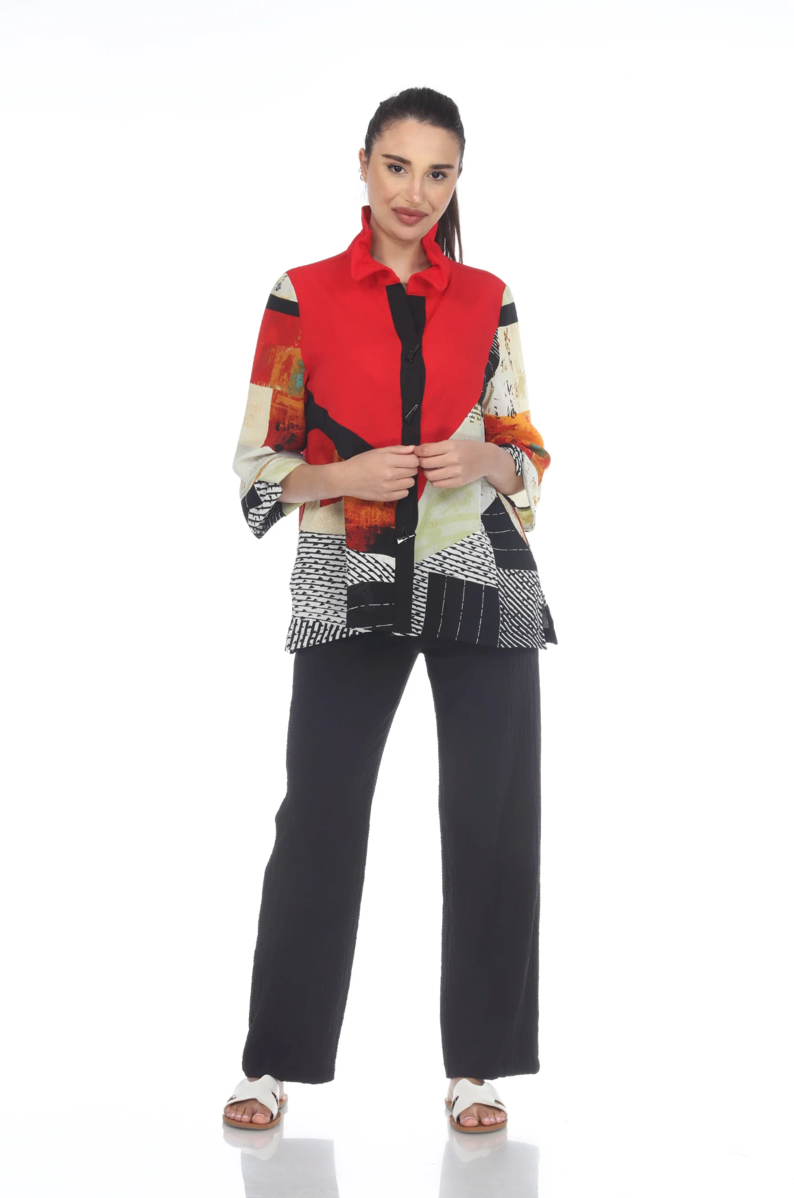 MOONLIGHT Red Mixed Media Button Down Top - 3504