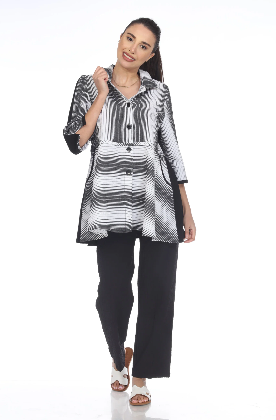 MOONLIGHT White & Gray Stripe Illusion Button Down Top - 3516