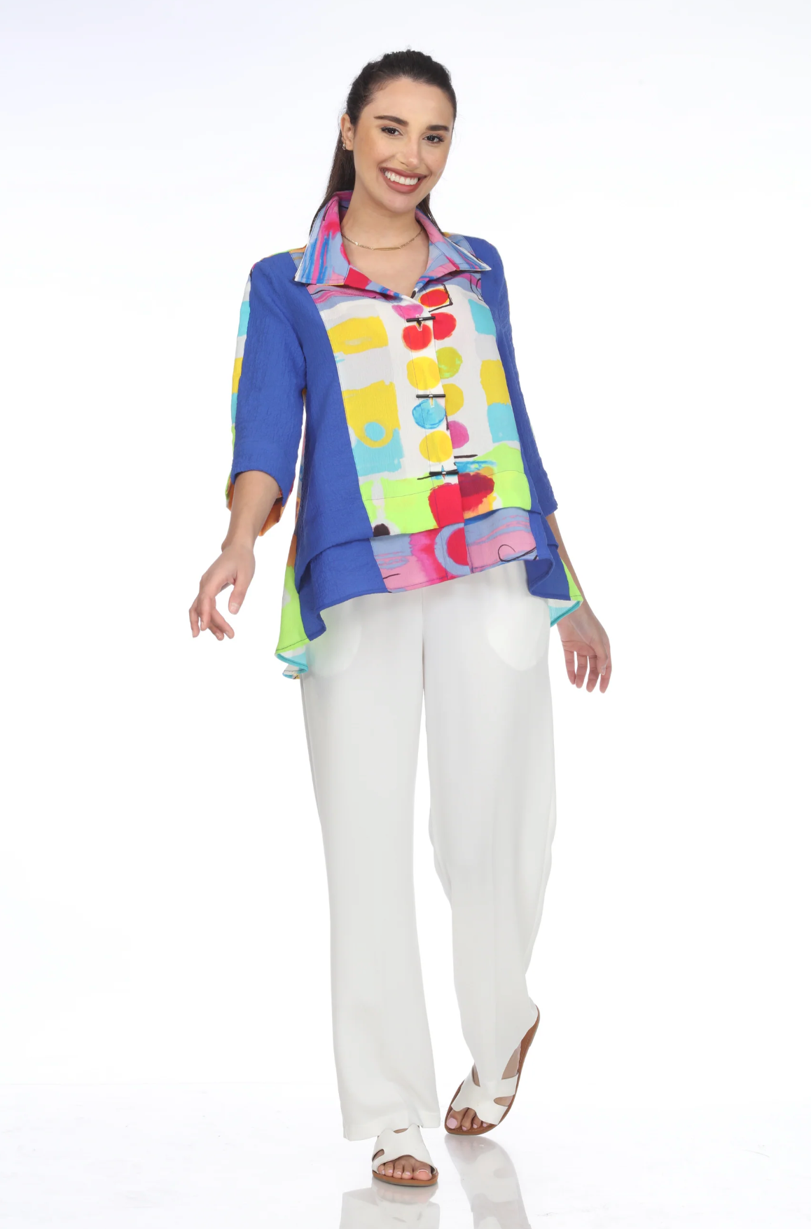 MOONLIGHT Bright Colorful Dots Abstract Button Down Top - 3517